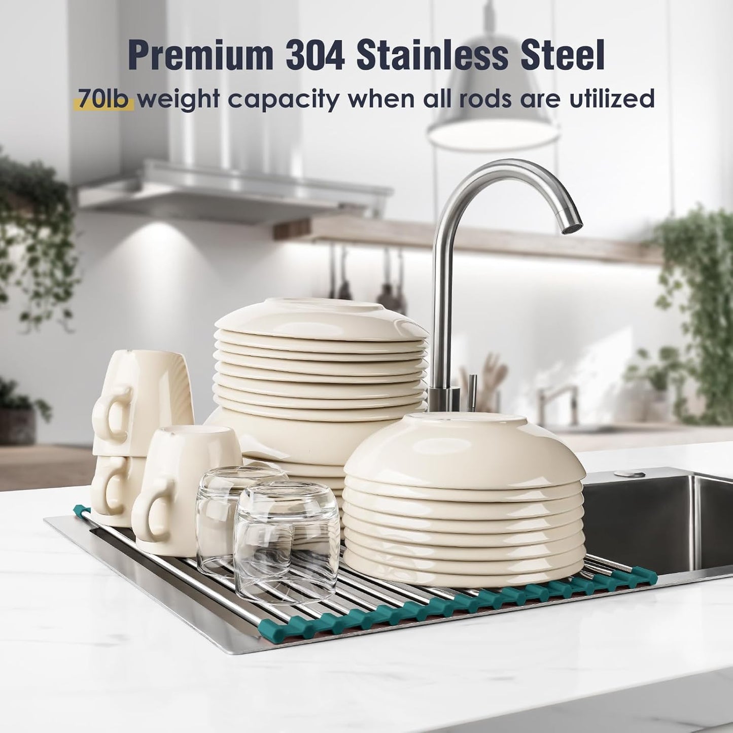 Tomorotec Stainless Steel Roll Up Dish Drying Rack, Foldable Over The Sink Rolling Drainer Rack, Multipurpose Kitchen Gadget Draining Caddy Organizer, Space Saving Sink Accessory Storage Shelf Holder