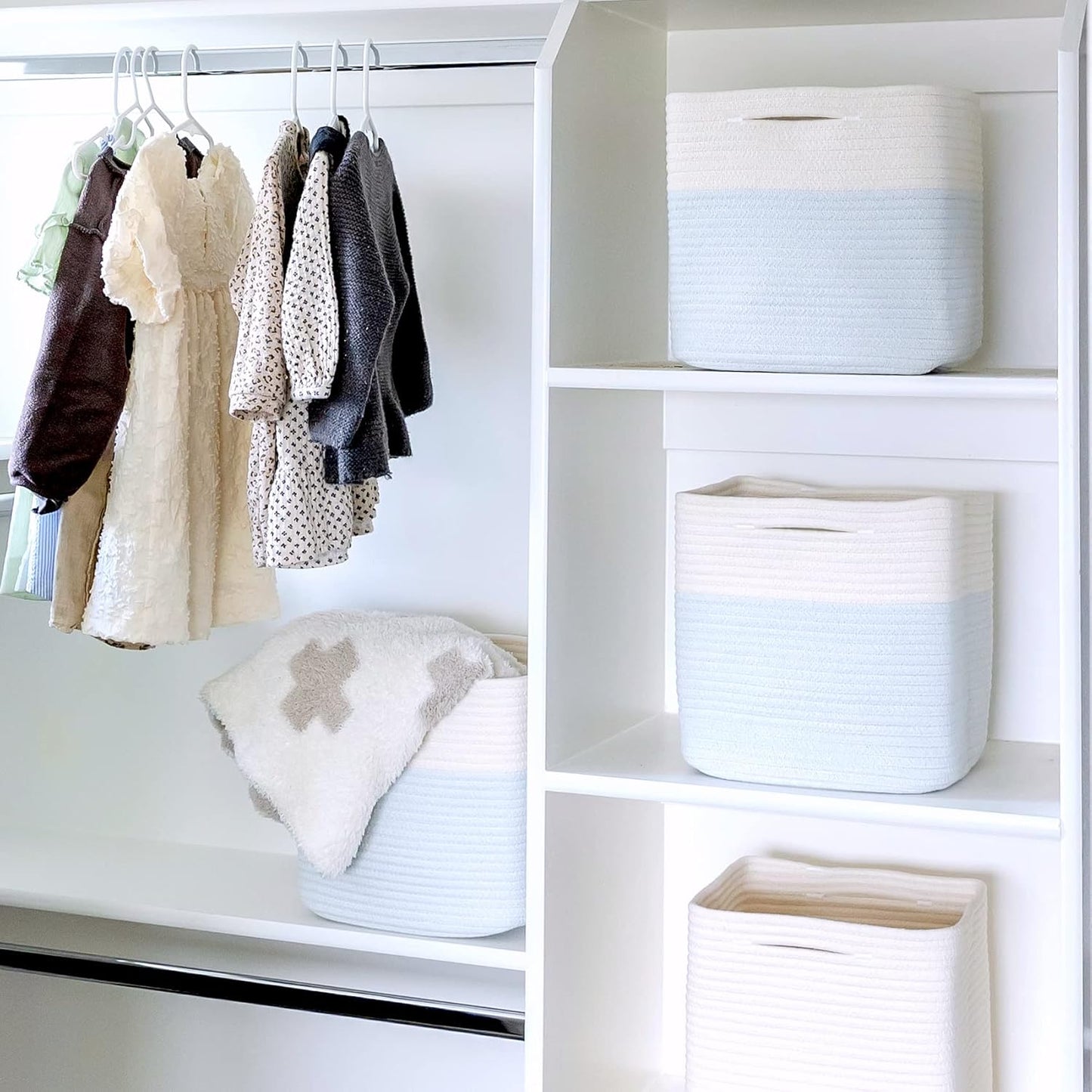 NaturalCozy 13 Inch Cube Storage Bins Cotton Rope Woven Baskets for Organizing 3-Pack | 13 x 13 Storage Cubes | Fabric Square Storage Baskets for Shelves Organizer, Kids Toy Bins, Closet Baby Nursery