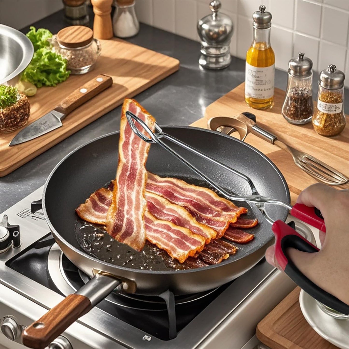 Stainless Steel Kitchen Scissor Tongs Set for Cooking, Grilling & Serving, 3-Piece with Red Handle (10/12/16 Inch)