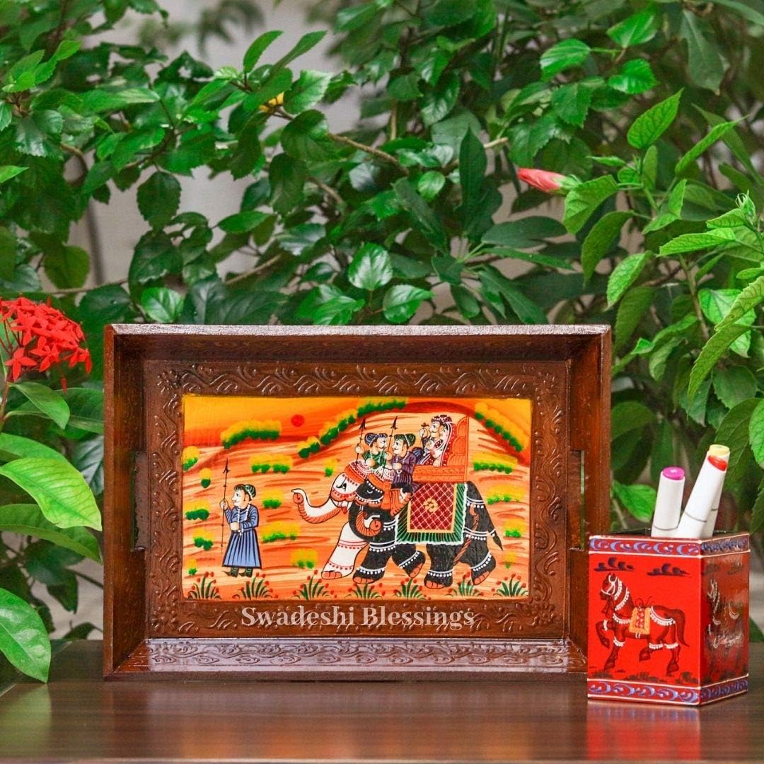 Swadeshi Blessings Wooden Serving Tray Set- Handcrafted & Hand-Painted for Kitchen/Table & Home Decor/Dinning/Gifts/Restaurants/Living Room/Coffee Table (Set of 3 Trays) (Brown)