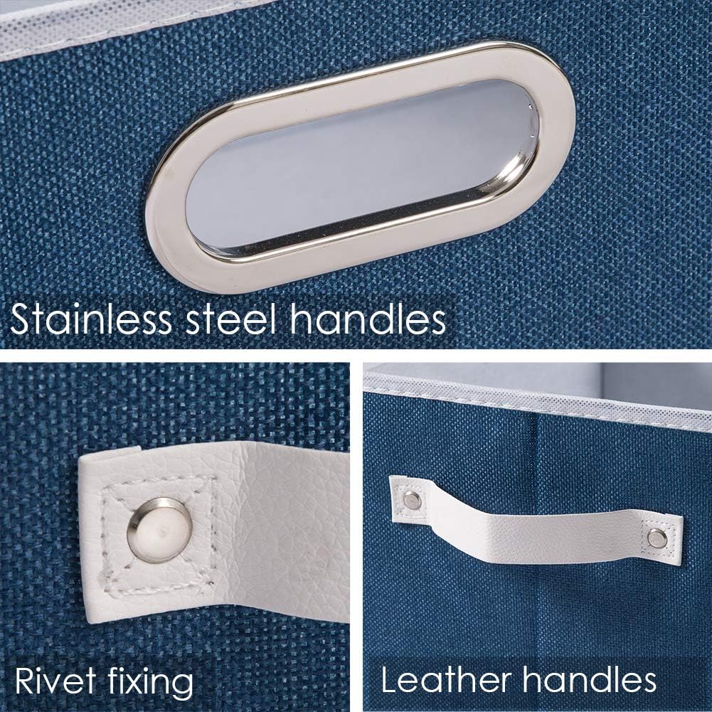 PRANDOM Larger Collapsible Storage Bins for Closet [3-Pack] Decorative Linen Fabric Storage Baskets Cubes with Leather/Metal Handles for Living Room Royal Blue (17.3x12.2x10.4 Inch)