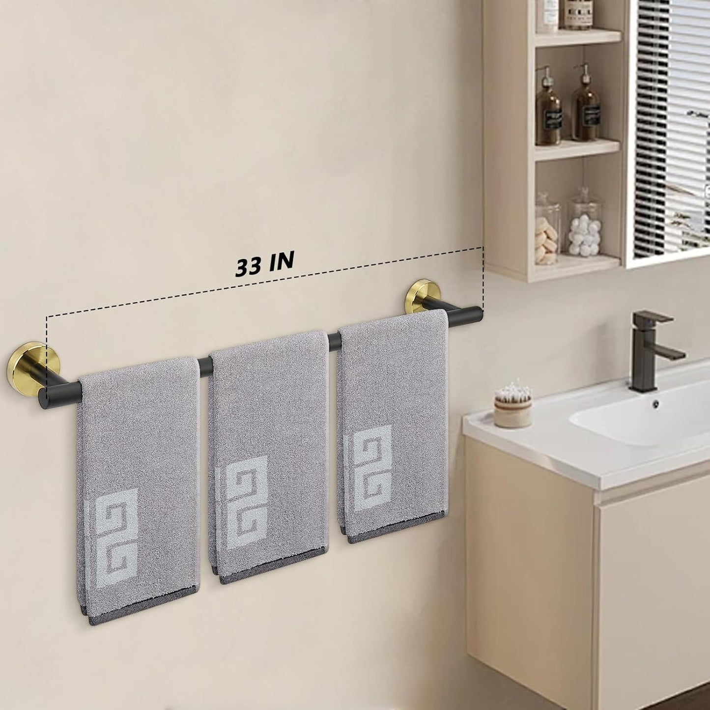 NearMoon Bath Towel Bar, Bath Accessories Thicken Stainless Steel Shower Towel Rack for Bathroom, Towel Holder Wall Mounted (1 Pack, Matte Black & Gold, 33 Inch)