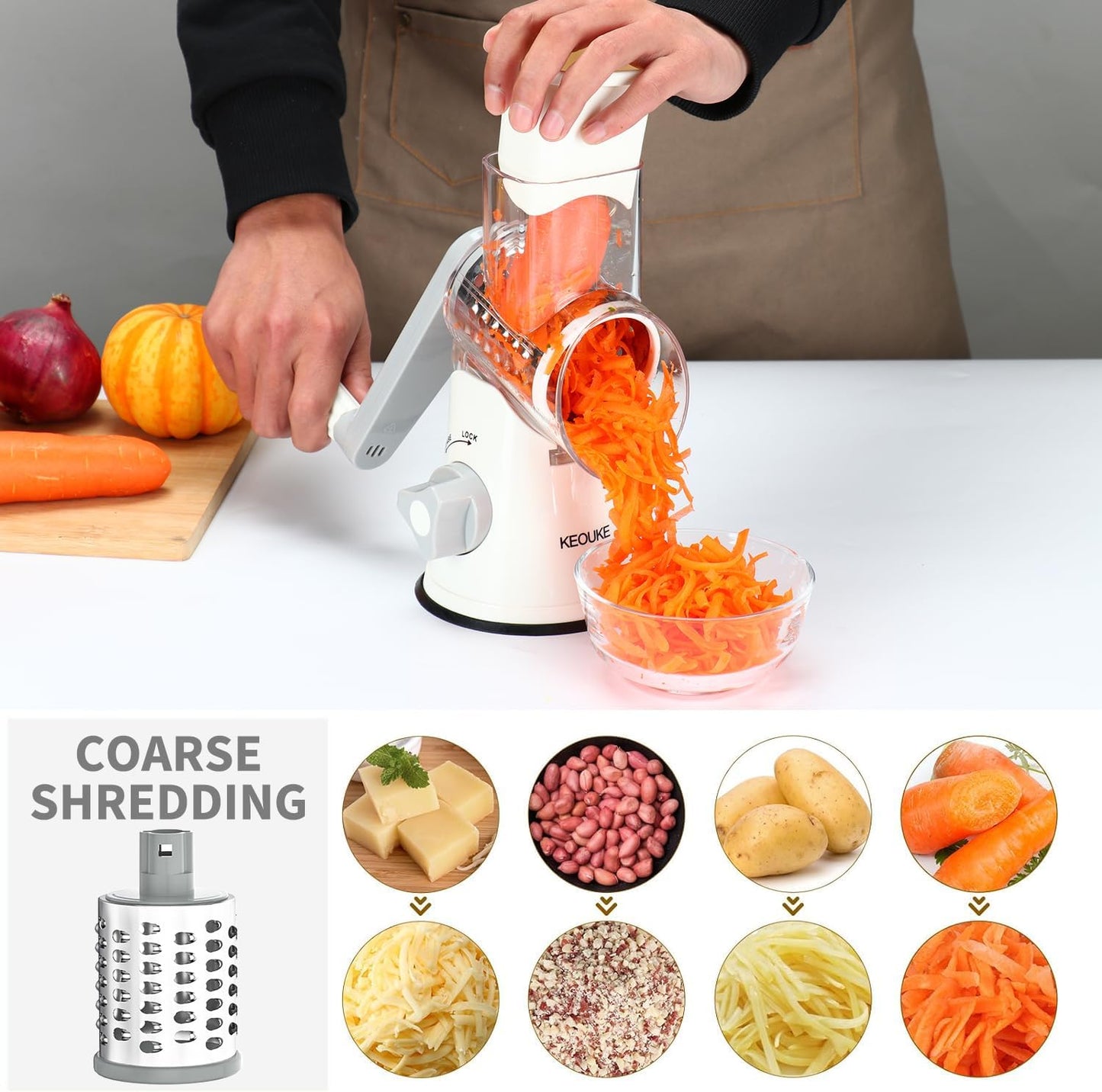 Cambom Rotary Cheese Grater Hand Crank Cheese Shredder for Fresh Cheese, Vegetable, Nuts,Non-slip Suction Base, Free Cleaning Brush Three Blades, White