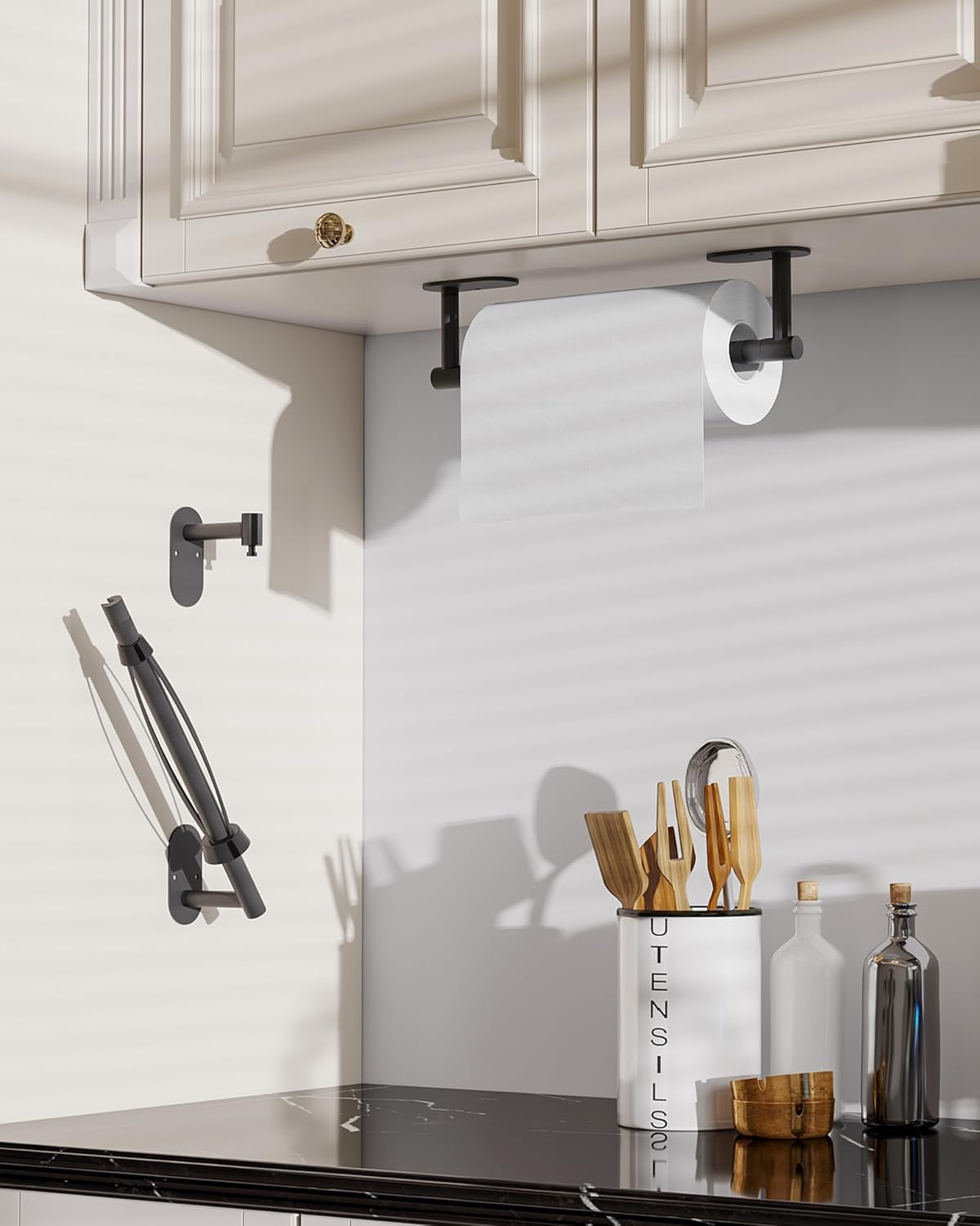 Paper Towel Holder Under Cabinet, Single Hand Operable Roll Holder with Damping Effect,No Drilling or Wall Mounted SUS304 Stainless Steel for Kitchen Bathroom (Matte Black)