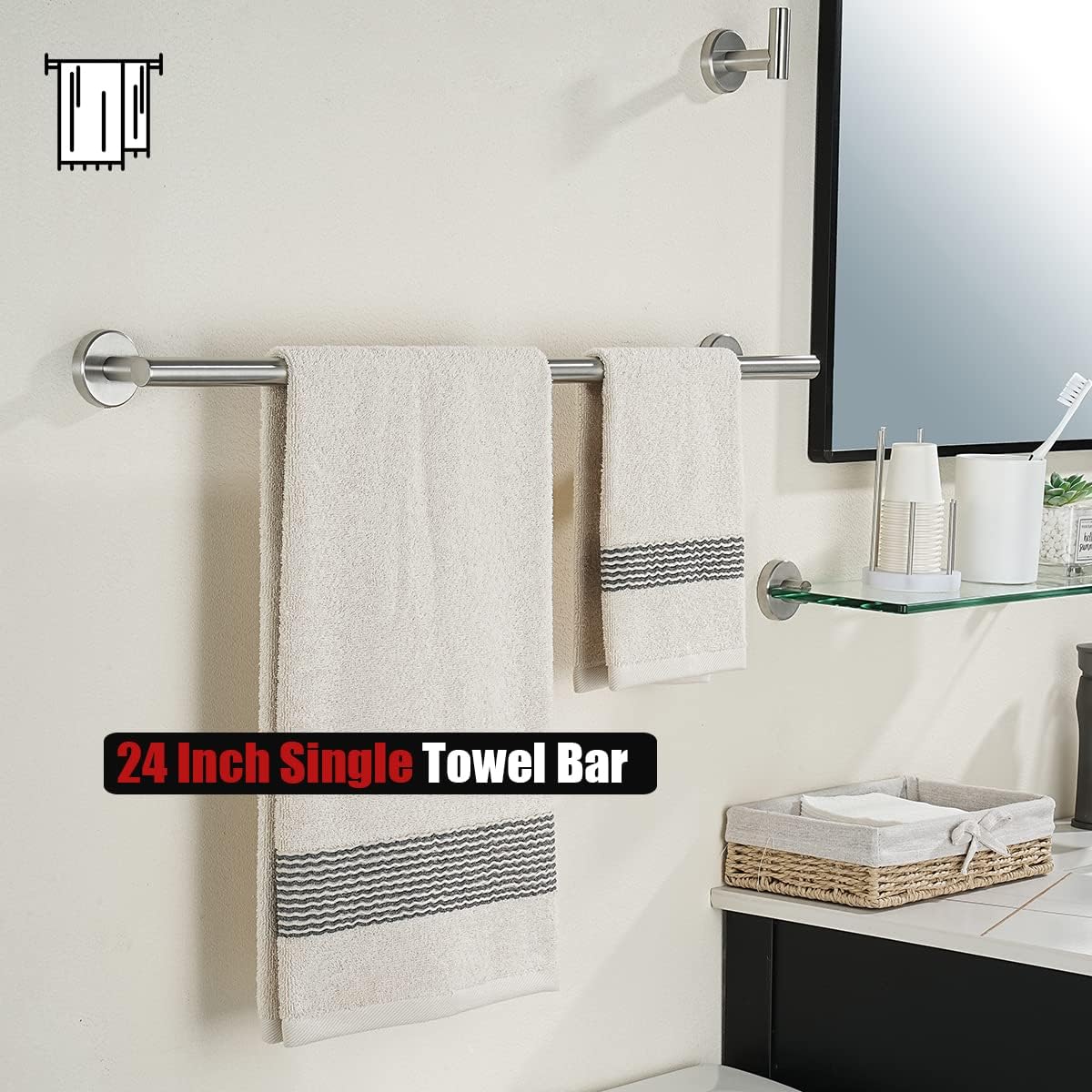 JQK Bath Towel Bar, 27 Inch 304 Stainless Steel Thicken 0.8mm Towel Rack Bathroom, Towel Holder Brushed Finished Wall Mount, Useable Length 24 Inch 2 Pack, TB110L24-BN-P2