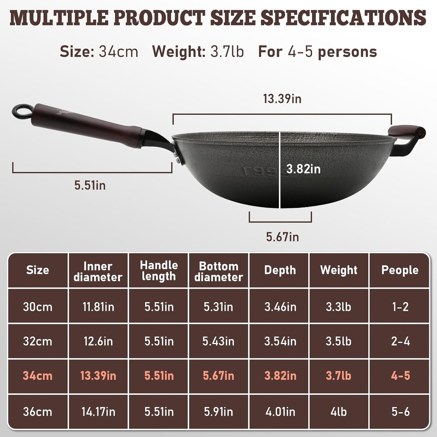 HONGJIANG Cast Iron Wok Pan, 13.4" Pre-Seasoned Flat Bottom Wok,Coating-Free Wok Stir Fry Pan With Glass Lid,Compatible Traditional Chinese Wok For Induction, Electric, Gas,Open Fire