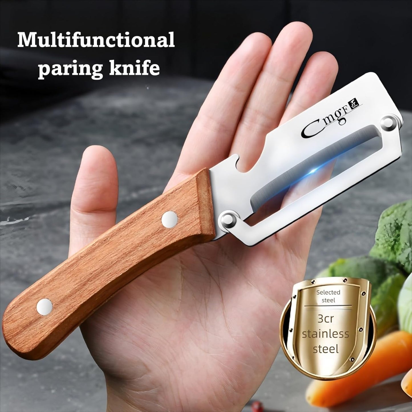 Premium Vegetable Peeler with Wooden Handle and Bottle Opener Stainless Steel Blade Kitchen Tool for Fruit Apple Potato Pumpkin Papaya Zucchini