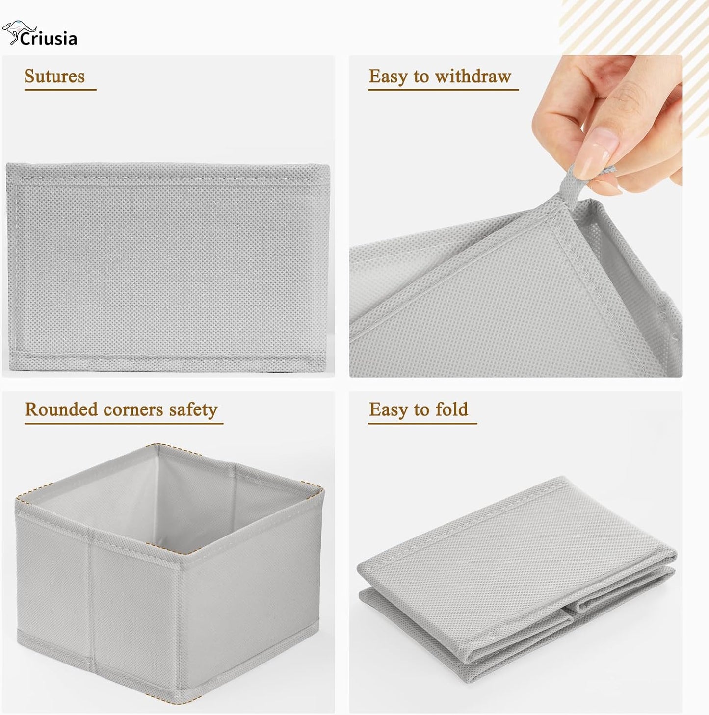 Criusia 15 Pack Drawer Organizer for Clothes, Foldable Dresser Dividers with 3 Sizes, Fabric Storage Bins – Gray