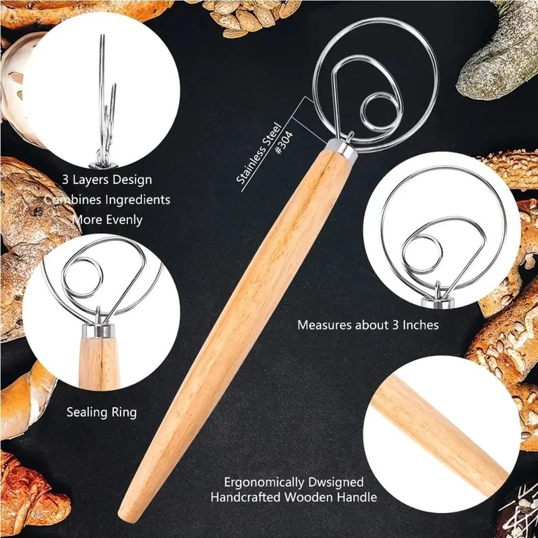 Danish Dough Whisk 13" Stainless Steel Bread Whisk Bread Making Tools Danish Dough Hook Bread Dough Mixer Hand Bread Dough Whisk for Pastry, Baking Cake, Dessert, Sourdough, Pizza, with Wooden Handle