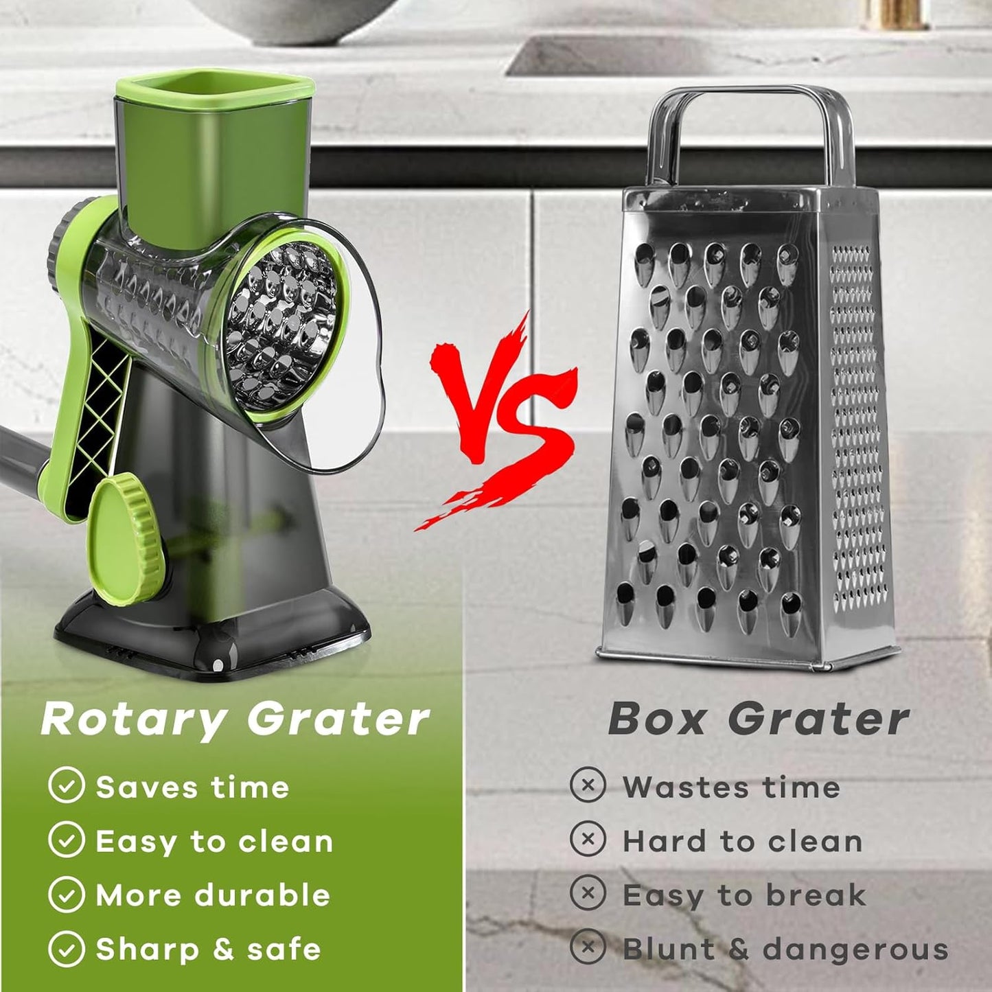 Rotary Cheese Grater with Handle, XinM Cheese Shredder Kitchen Mandoline Vegetable Slicer with 3 Interchangeable Blades, Easy to Clean Rotary Grater for Cheese Potato Nuts Chocolate (Green)