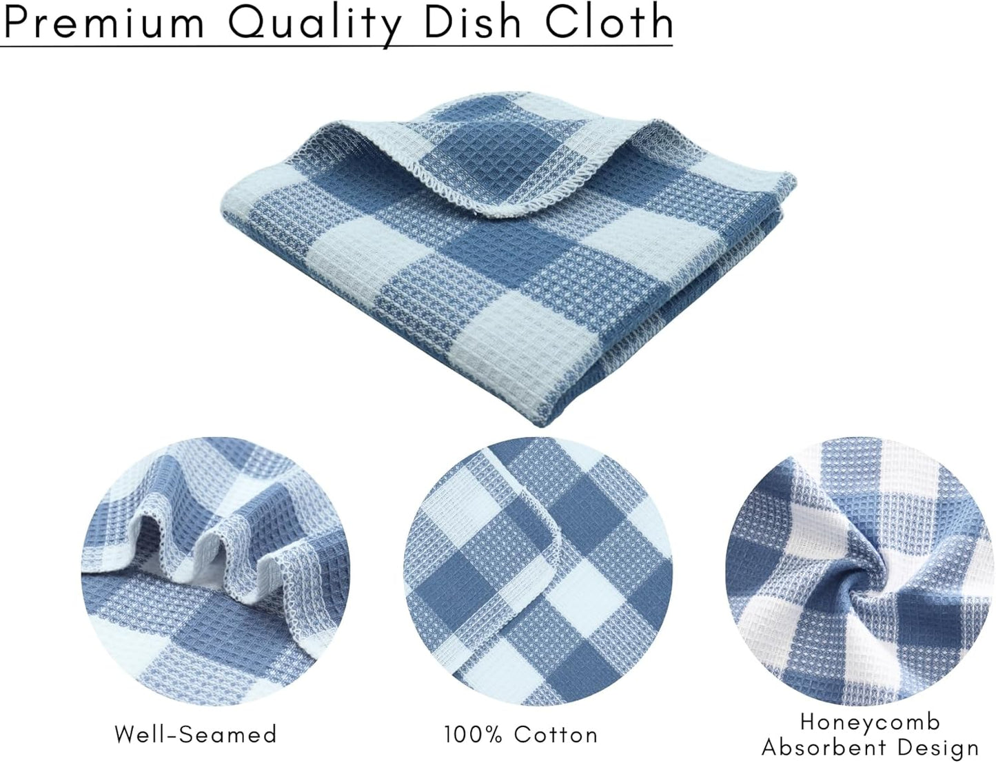 Waffle Weave Plaid Dish Cloths, 100% Cotton - 12 x 12 Inches, Ultra Soft Absorbent Quick Drying Dish Towels Buffalo Check Dish Rags for Kitchen, 8 Pack - Spring Summer - Smoky Grey and White
