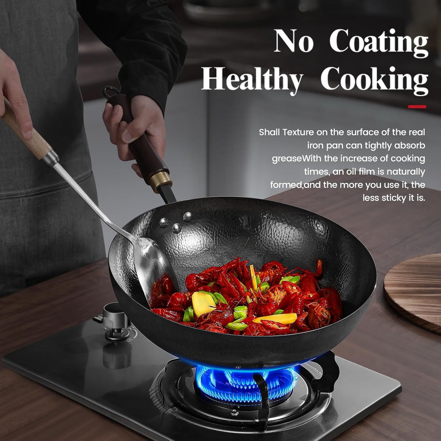 Carbon Steel Pan, 11.8″ Woks & Stir-Fry Pans with Wooden Lid Cookwares, Nonstick Wok, No Chemical Coated Round Bottom Hand Hammered Chinese Wok For Gas