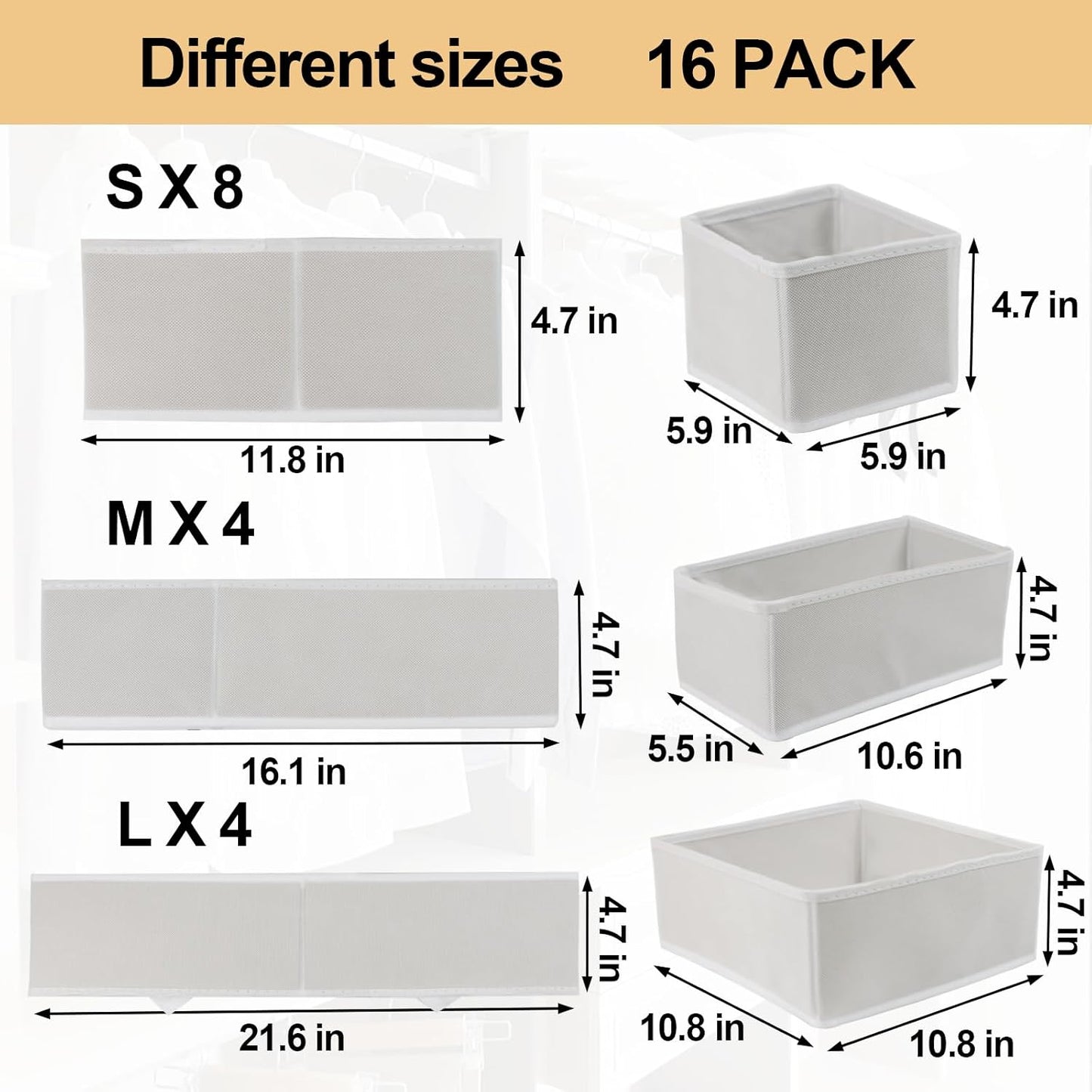 16 Pcs Drawer Organizer,Fabric Closet Organizer and Storage Baskets,Foldable Drawer Divider for Clothing,Sock,Ties,Underwear Drawer Organizers,Cabinet Storage Boxes (White)