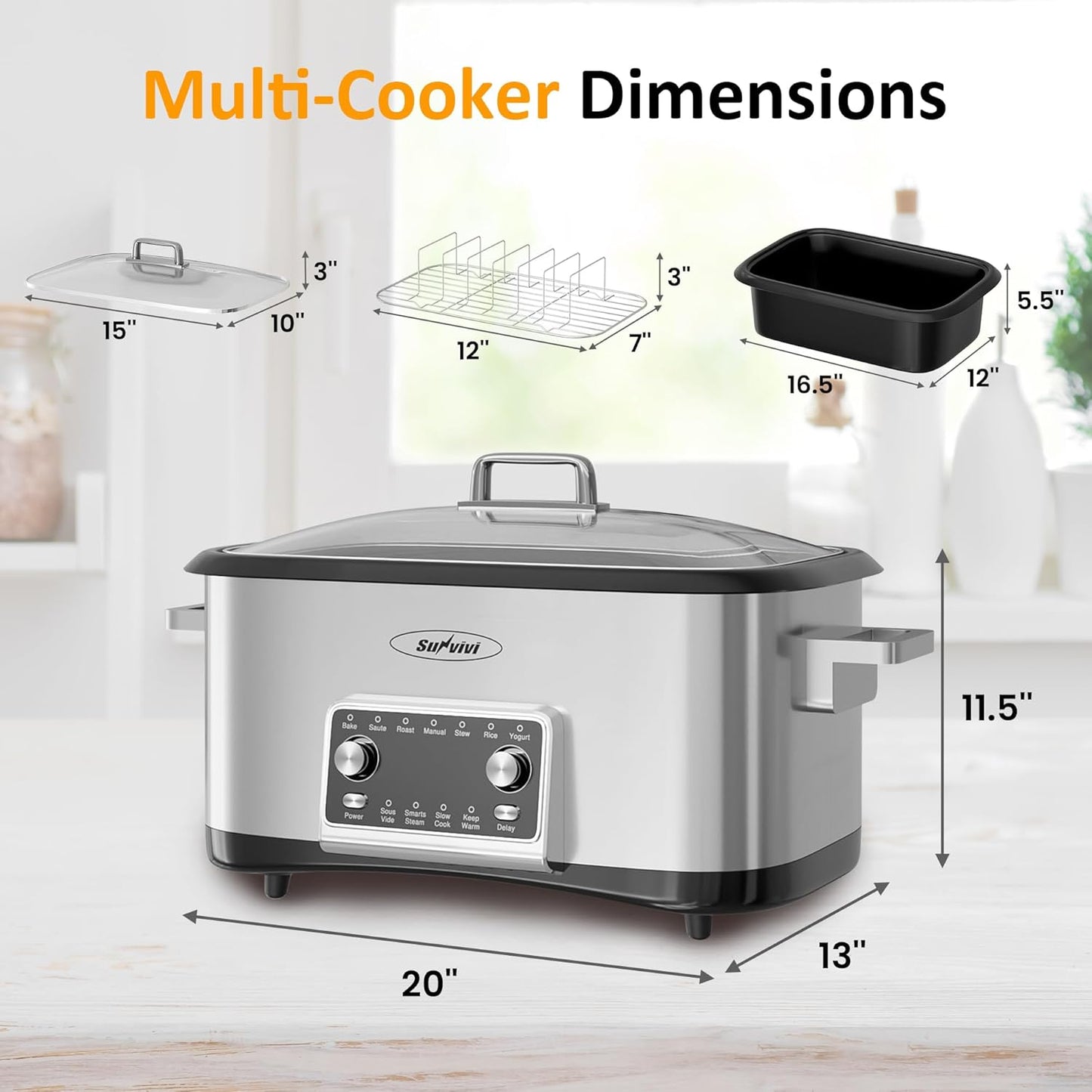 Sunvivi 8 Quart Slow Cooker Roaster Oven, 12 in 1 programmable Multi-Cooker Food Warmer with Digital Timer, Temp Control, Removable Cast Aluminum Pot & Dishwasher-Safe Tempered Glass Lid, Stainless