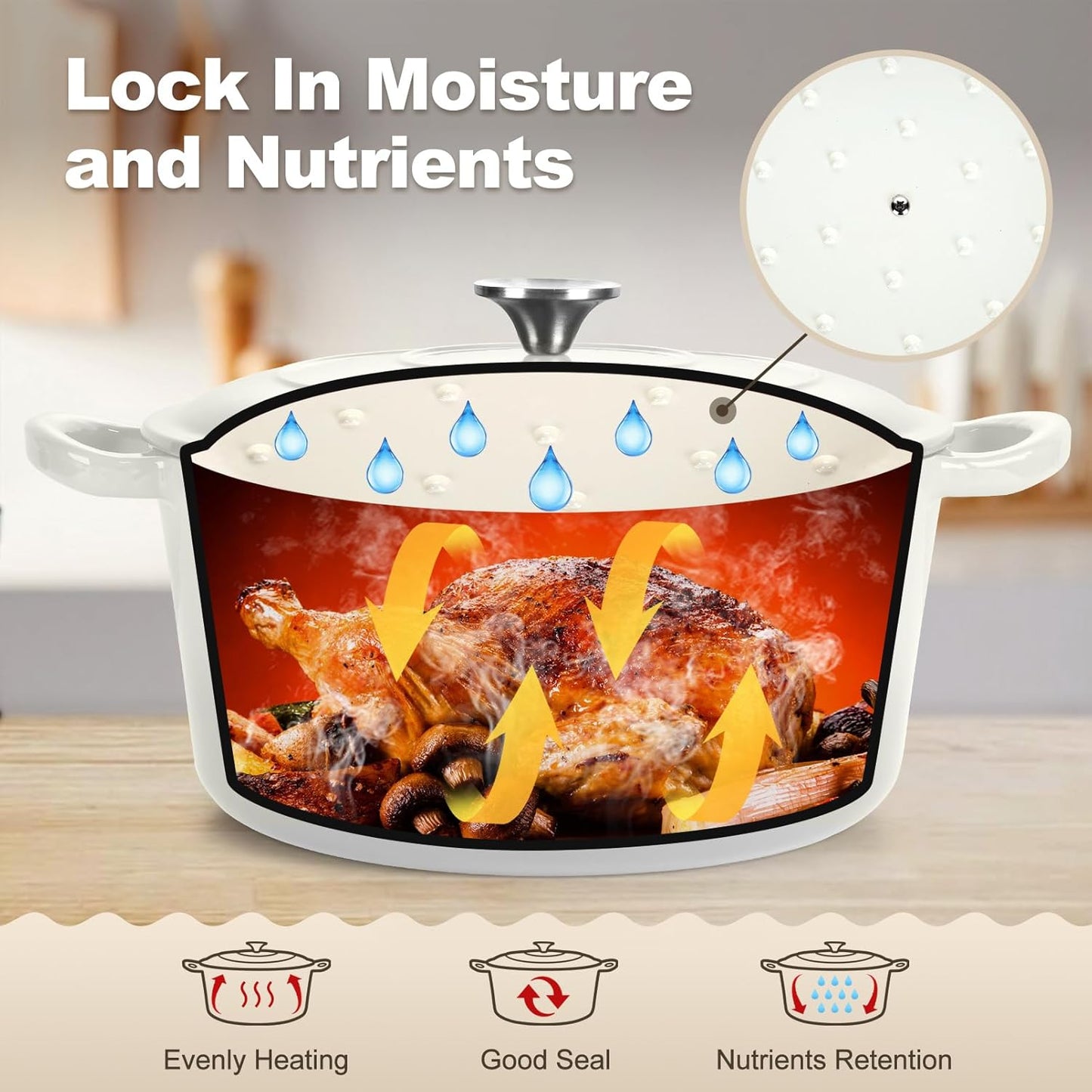 P&P CHEF 7QT Enameled Dutch Oven, Cast Iron Dutch Oven Pot with Lid for Bread Baking, Enameled Casserole Pot for Roasting Braising Stewing Frying Simmering, Various Stoves & Easy Clean, White