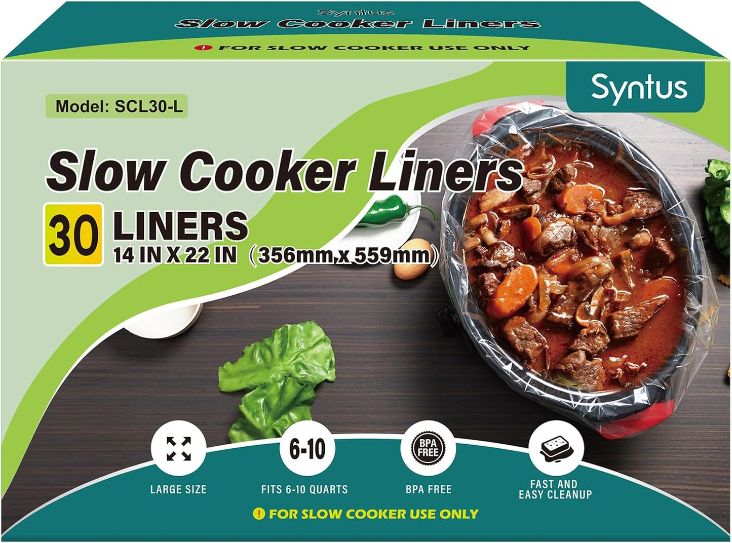 Syntus Slow Cooker Liners, 30 Count Cooking Bags Extra Large Size Disposable Pot Liners Plastic Bags, Fit 6QT to 10QT for Slow Cooker Cooking Trays, 14"x 22", 30 Liners