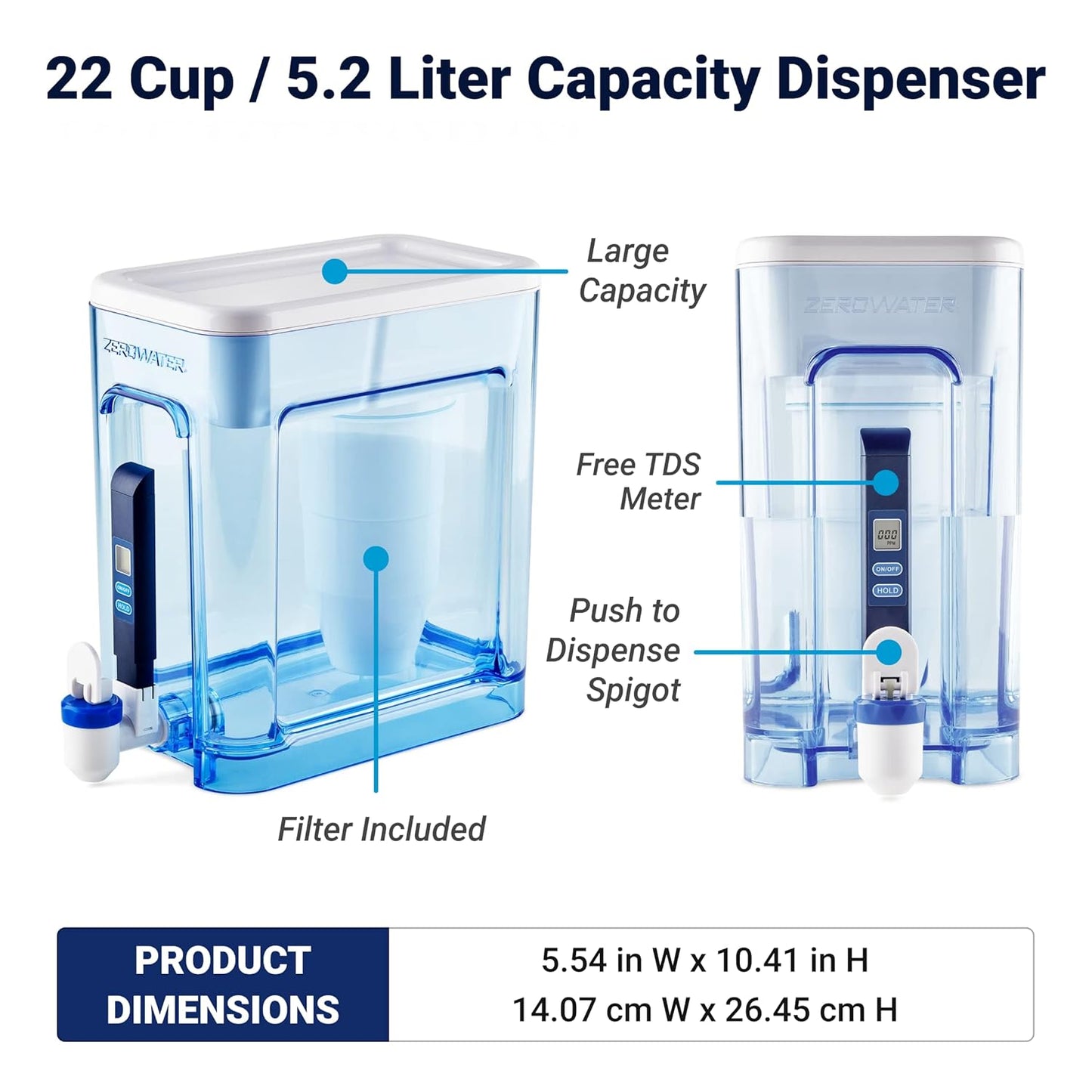 ZeroWater 22-Cup Ready-Read 5-Stage Water Filter Dispenser with Instant Read Out - 0 TDS for Improved Tap Water Taste - IAPMO Certified to Reduce Lead, Chromium, and PFOA/PFOS