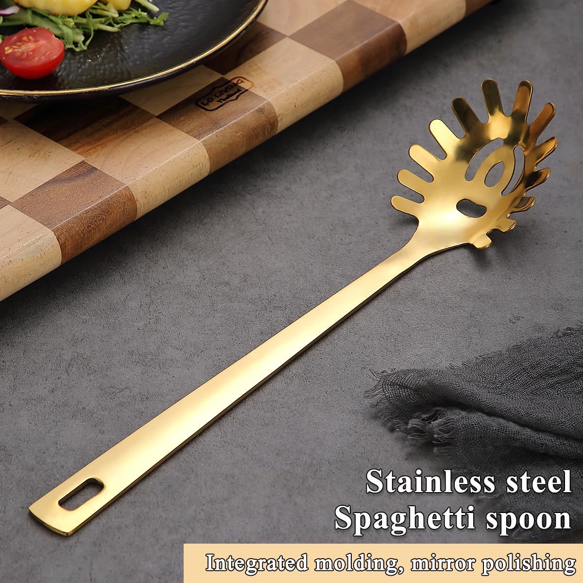 Gold Spaghetti Spoon, ReaNea Pasta Server, Stainless Steel Pasta Spoon with Teeth, One-Piece Metal Pasta Fork, Noddle Fork Gold Kitchen Accessories Utensils, Heat Resistant, Dishwasher Safe