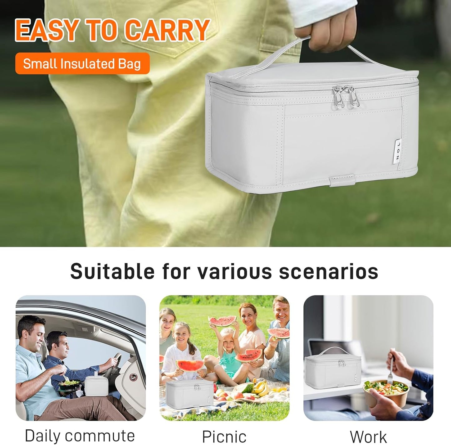 NOL Natural Organic Lifestyle Small Lunch Bag Mini Lunch Box Insulated Lunch Bag for Men/Women Leakproof Cooler Tote Bag Lightweight Nylon Waterproof Lunch Box For Work, Gray white