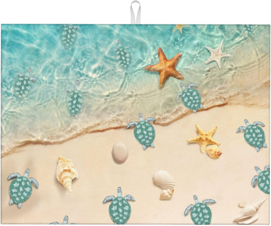 Sea Turtles Beach Dish Drying Mat for Kitchen Counter Cute Drying Pad 18x24 Inch Teal Nautical Decor Absorbent Reversible Dish Drainer Rack Mats
