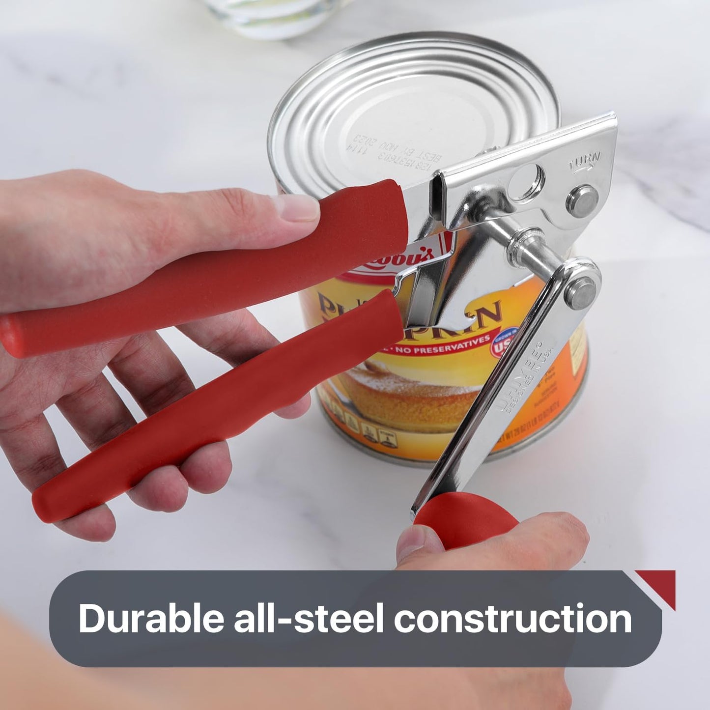 Commercial Can Opener, UHIYEE Hand Crank Can Opener Manual Heavy Duty with Comfortable Extra-long Handles, Oversized Knob, Large Handheld Can Open Easy for Big Cans, Red