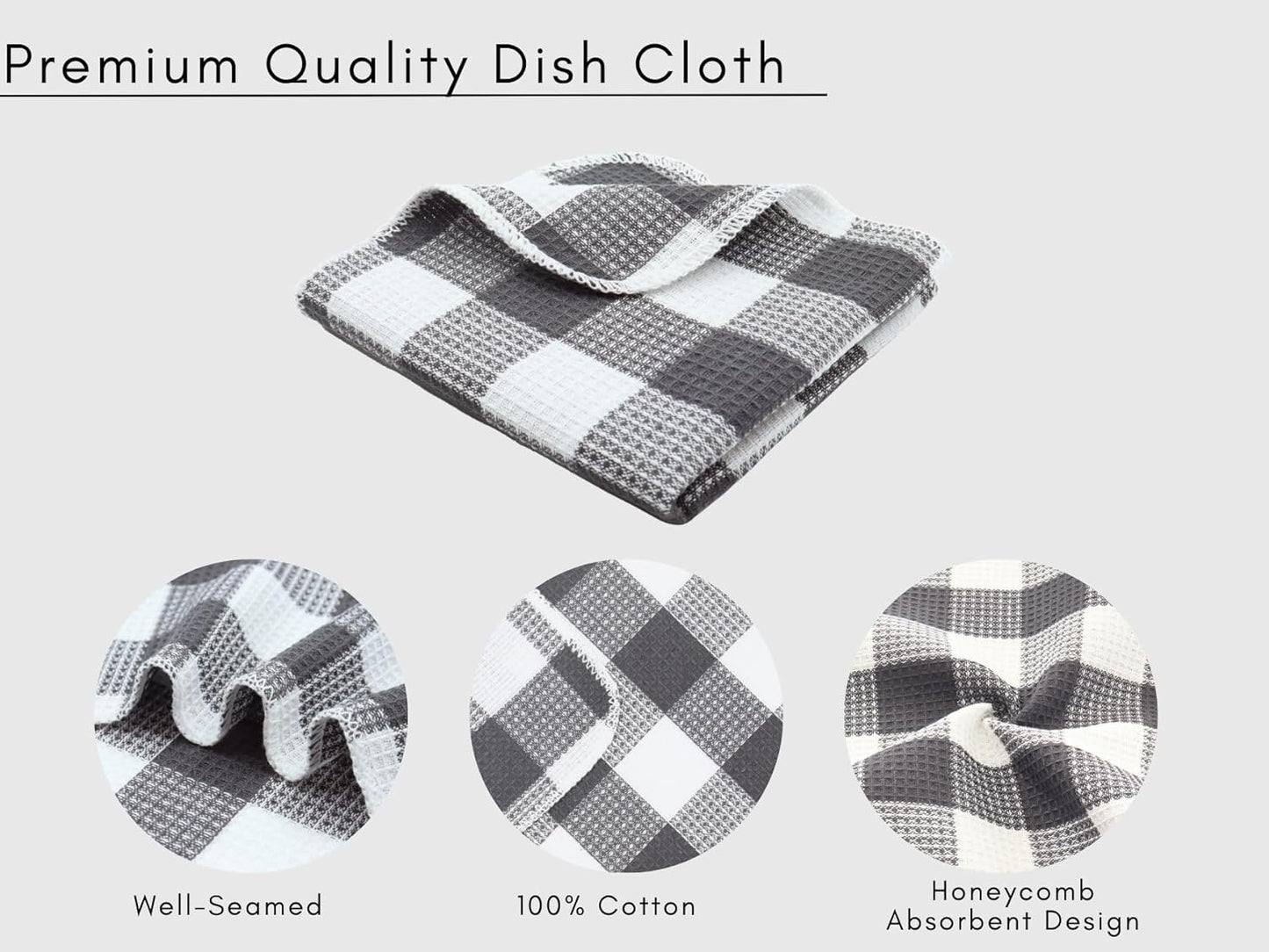 Waffle Weave Plaid Dish Cloths, 100% Cotton - 12 x 12 Inches, Ultra Soft Absorbent Quick Drying Dish Towels Buffalo Check Dish Rags for Kitchen, 6 Pack - Spring Summer - Steel Grey and White