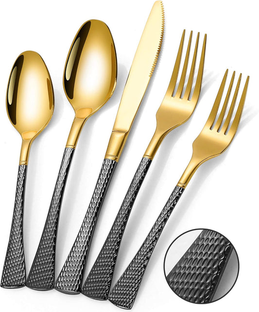 Hammered Black Gold Silverware Set for 8,Stainless Steel 40-Piece Modern Cutlery Set,Mirror Polished Heavy Duty Flatware Set Utensil Set,Knives Spoons and Forks Set,Dishwasher Safe