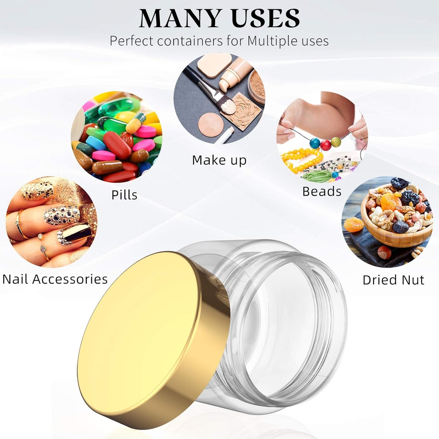 SATINIOR 6 Pack 4 oz Plastic Jars Containers with Lids Wide-mouth Refillable Leakproof Reusable Round Empty Jars for Travel Cosmetic Dry Food Spice Cookie Candy Home Kitchen Organizing(Gold)