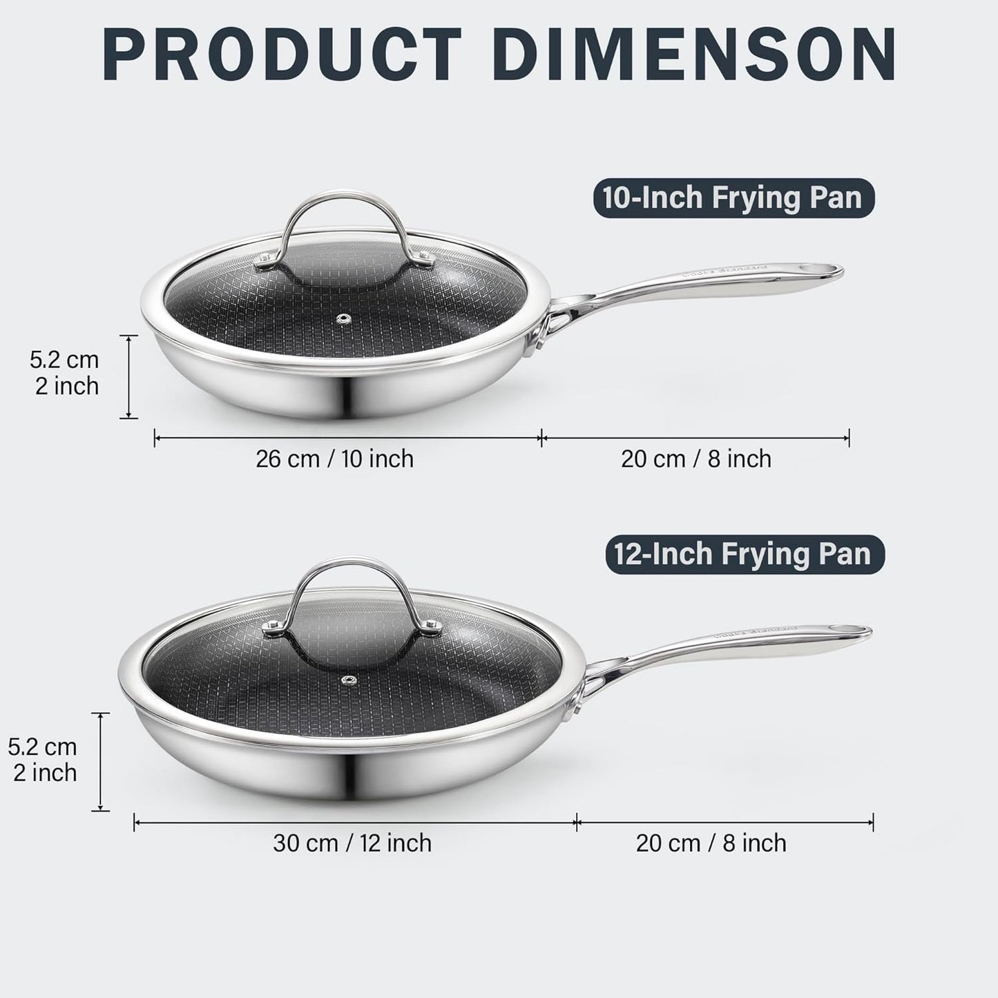 Cooks Standard Hybrid Nonstick Frying Pan Set, 10 and 12-Inch Multi-Ply Clad Stainless Steel 2 Piece Skillet with Tempered Glass Lids, Oven Safe, Compatible with All Stovetops