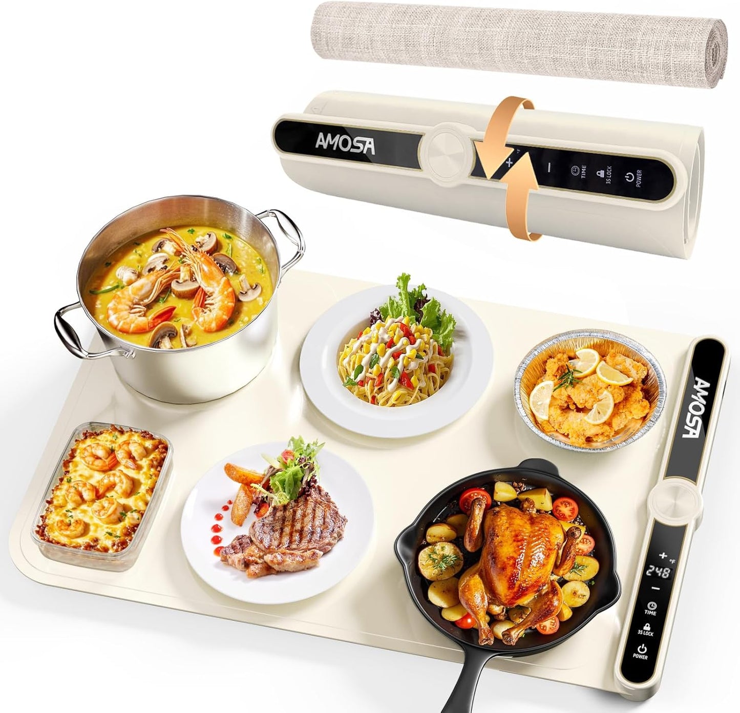 Warming Mat for Food, Fast Heating Electric Food Warmers with 9 Level Temperature and 6 Hours Timer, Large Roll Up Silicone Food Heating Mat, Portable Warming Trays for Buffets Party (Yellow)