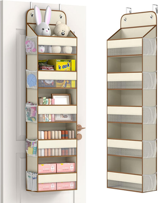 LAMU 1 Pack Over the Door Organizer Hanging with 5 Large Pockets and 10 Mesh Pockets, 44lb Over the Door Storage for Closet, Nursery and Bathroom, Behind the Door Storage with Clothes and Toys, Beige