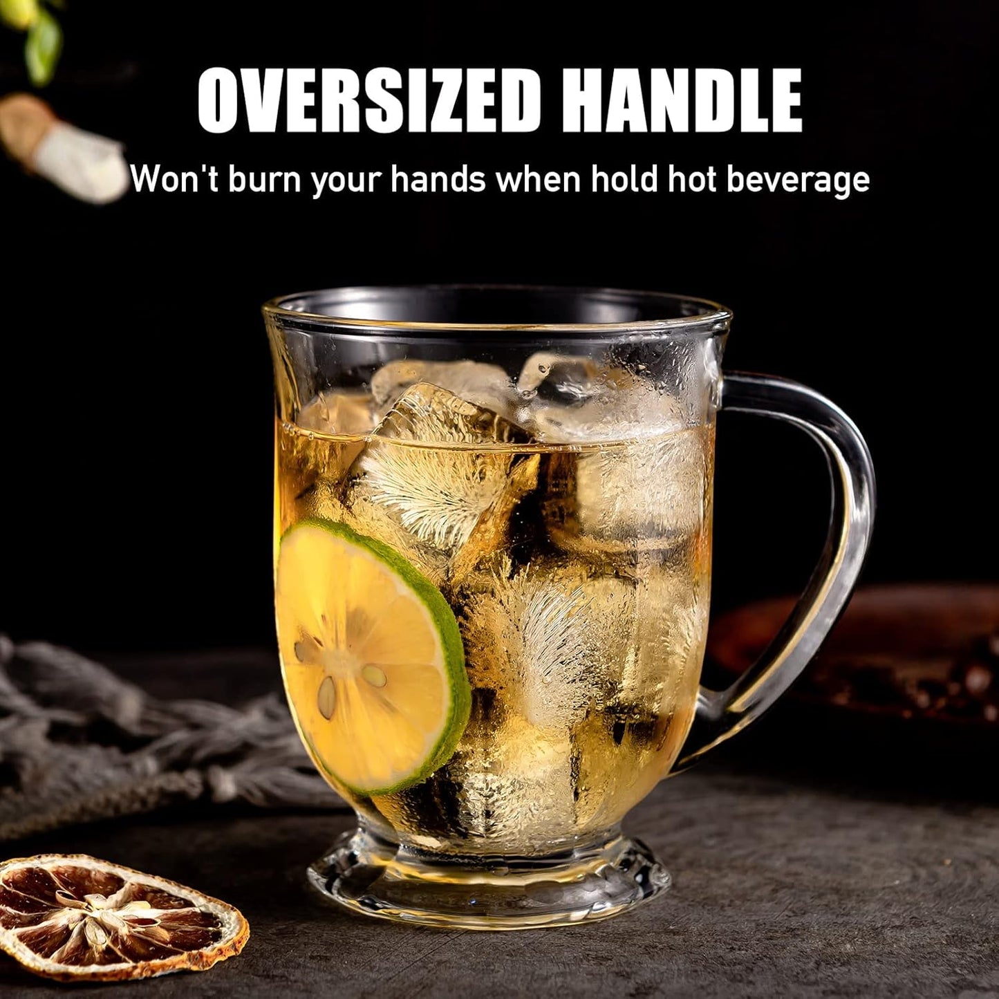 Glass Coffee Mugs Set of 4, 16 OZ Large Clear Glass Beer Cups with Handle,Striped Mug for Hot Beverages,Tea, Cappuccino, Latte, Espresso, Juice Mothers