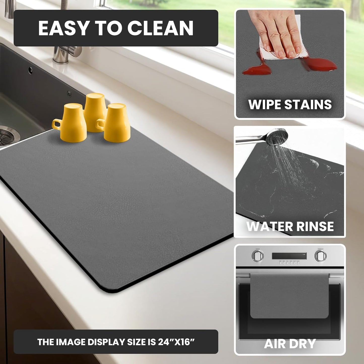 Dish Drying Mat Super Absorbent – 16" x 12" Coffee Mat for Countertops – Non-Slip Drying Mat for Kitchen Counter – Easy to Clean Water Absorbent Mat – Quick Dry Dish Drying Mats (Dark Gray)