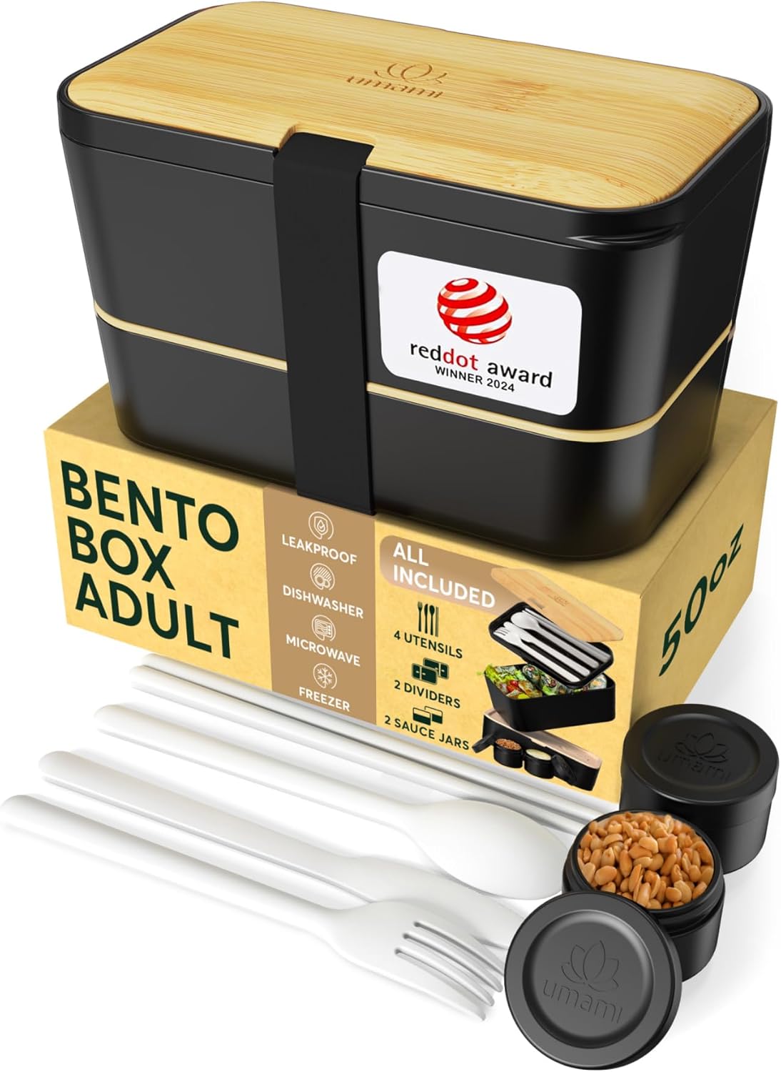 Umami Bento Box All-in-1 w/ 4 Utensils, 100% Leakproof, Dishwasher & Microwave Safe Lunch Containers for Adults w/ 4 Compartments, Black & Tan, 50 oz