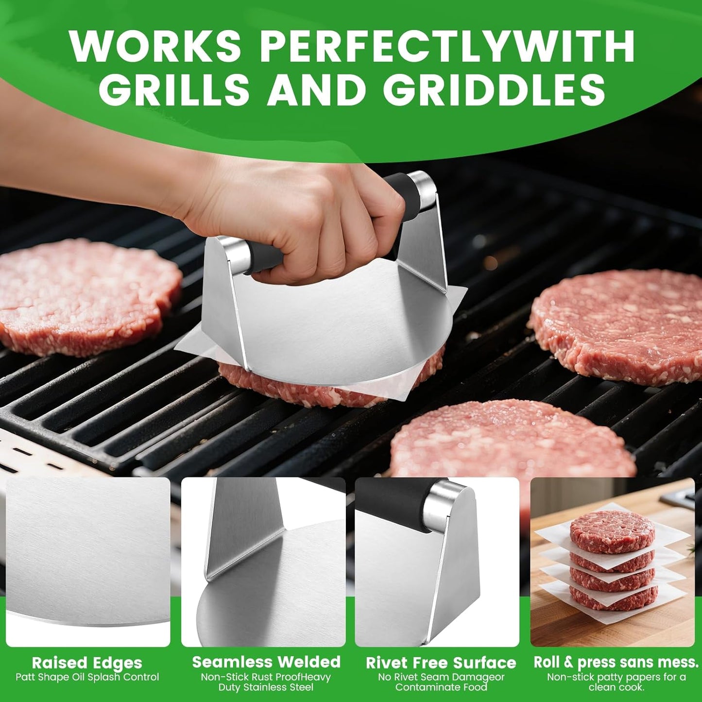 Smashed Burger Press Kit with Stainless Steel Press, Grill Spatula, Seasoning Shaker & Hamburger Patty Papers - Perfect for Blackstone Griddle, BBQs, and Gift Giving