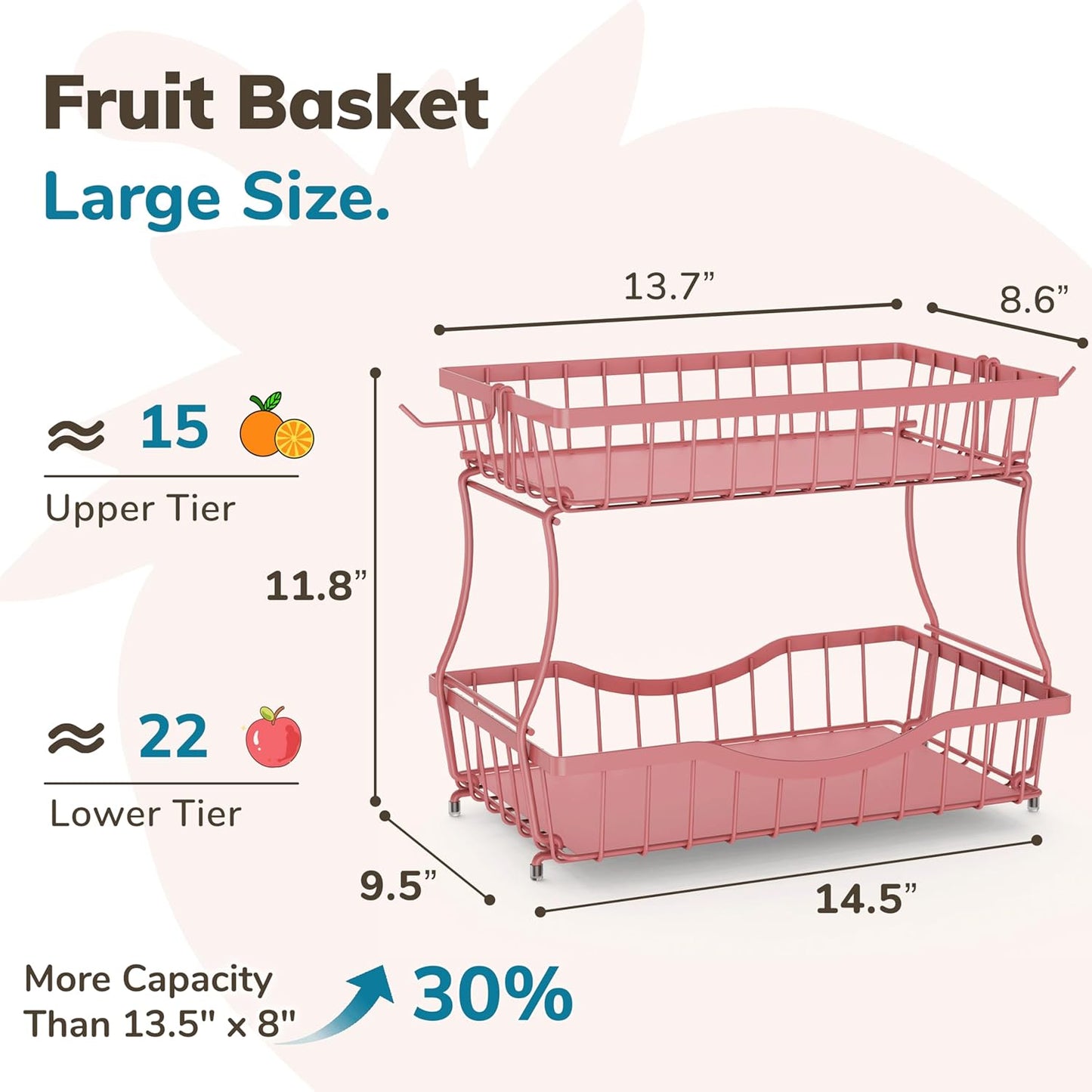 Large 2-Tier Fruit Basket for Kitchen Counter with 2 Banana Hangers – Metal Fruit Bowl for Onion, Vegetable, Snacks, Breads Storage – Countertop Organizer – Pink