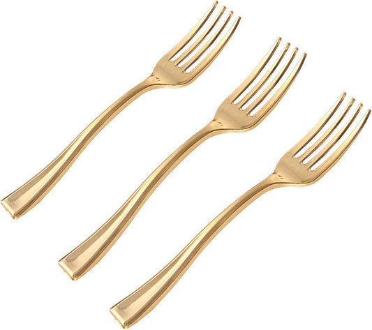 WDF Disposable Plastic Mini Forks 300 Pieces 4 Inches | Gold Plastic Forks | Heavy Duty Plastic Tasting Forks | Perfect for Small Appetizers and Desserts