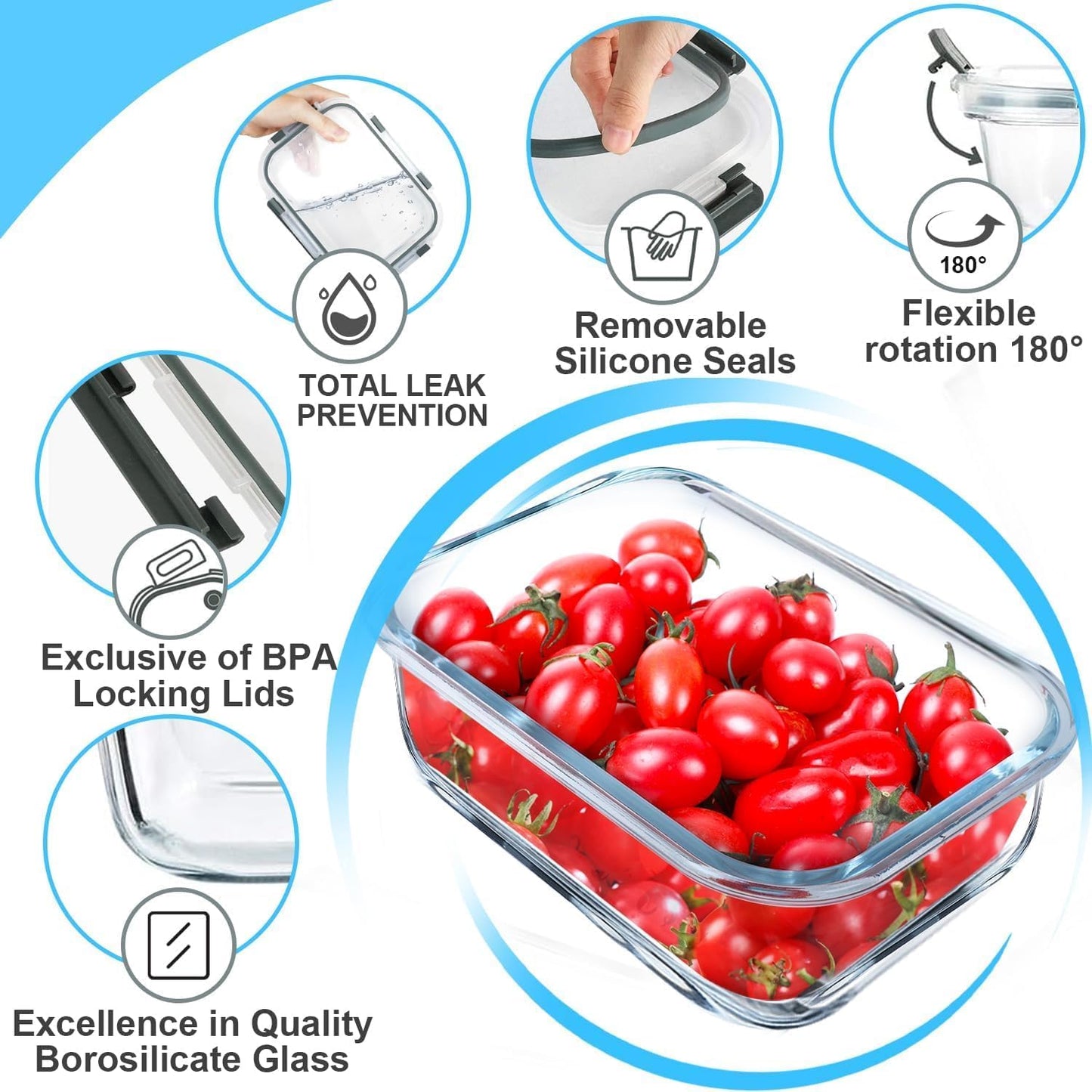 VERONES 5 Pack 36 OZ Glass Meal Prep Containers, Airtight Glass Lunch Containers Set, Glass Food Storage Containers with Lids,Exclusive of BPA, for Microwave, Oven, Freezer & Dishwasher Friendly,Grey