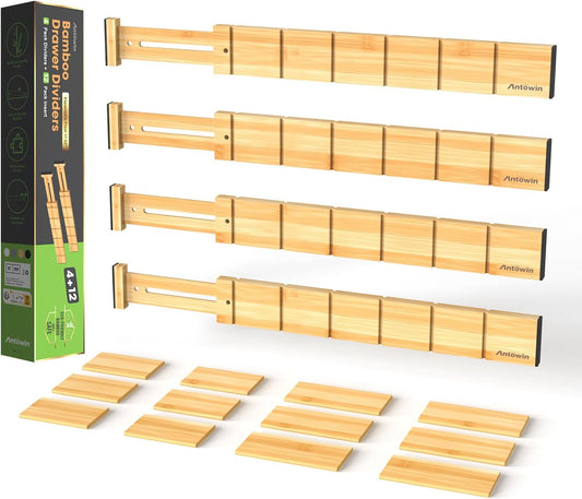 ANTOWIN 4 Pack Expandable Drawer Dividers, 2.2'' High, Extend from 17'' to 22'', Dresser Drawer Organizers, Bamboo Separators for Kitchen, Bedroom, Office, Bathroom, with 12 Pack Divider Inserts