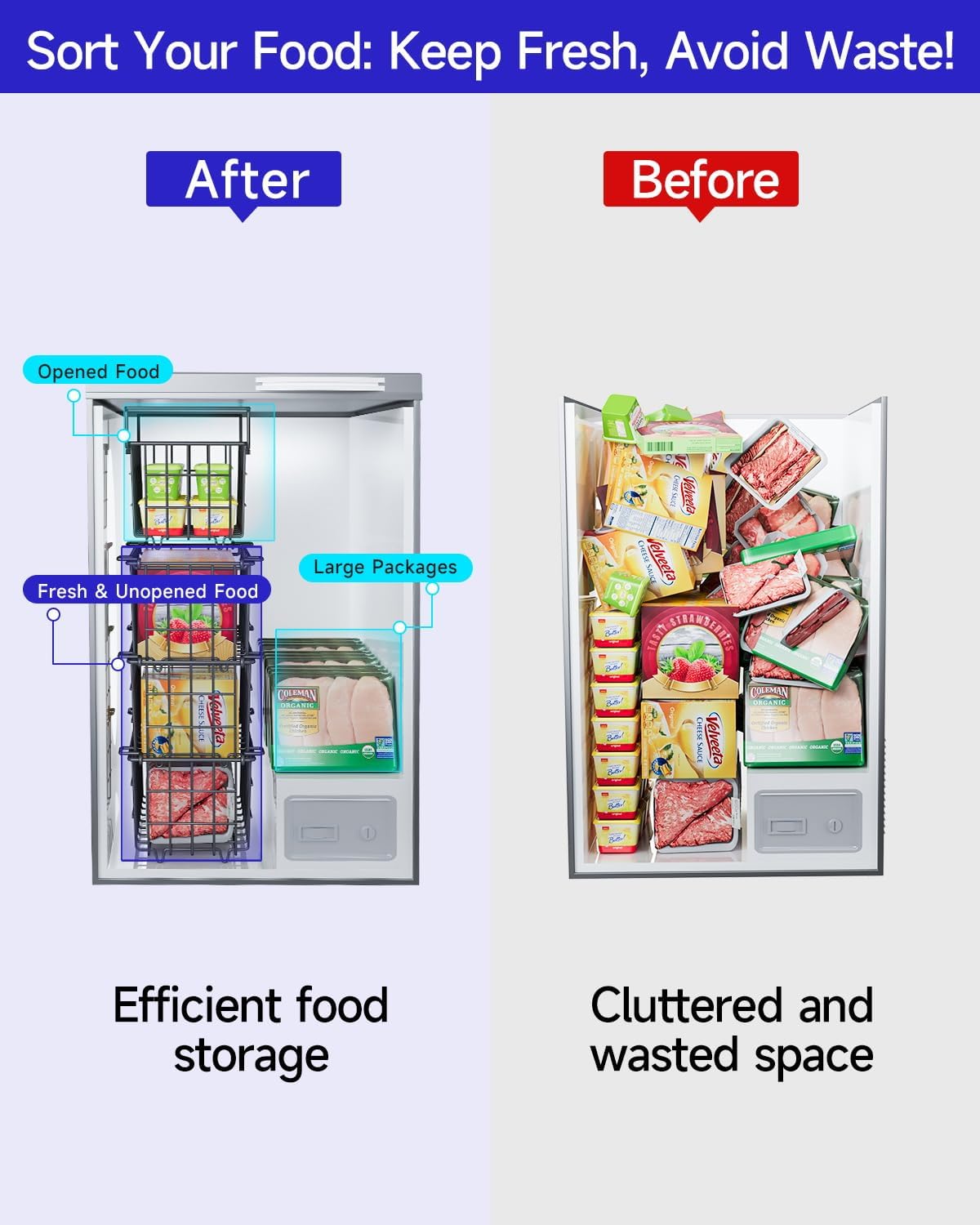 Stackable Freezer Organizer - Expandable Bin*1 + Stackable Bins*3 for Chest & Upright Freezers