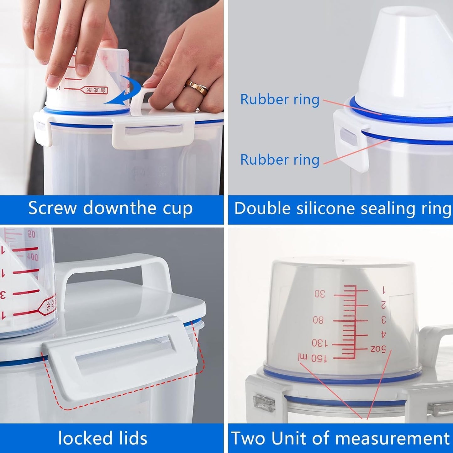 2 set 3-5 LB Rice Storage Bin Flour Cereal Containers Dispenser with BPA Free + Measuring Cup + Pour Spout - Perfect for Rice Flour Baking Supplies Pet Dog Food Storage