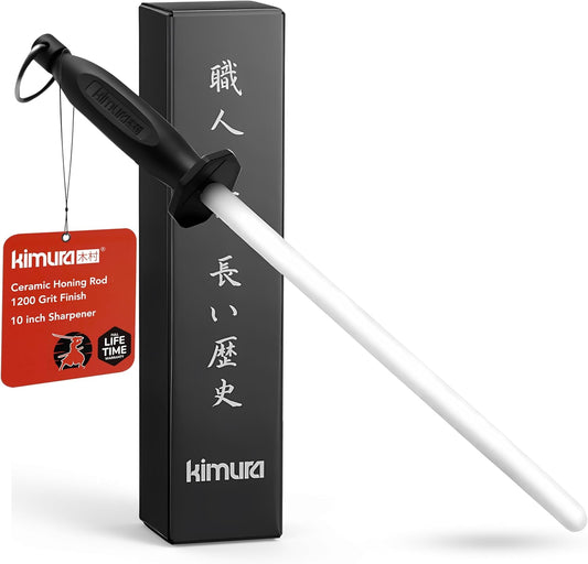 Kimura Professional Ceramic Honing Rod, 10 inch Honing Steel, Ceramic Knife Sharpener, 1200 Grit Finish, Ergonomic & Balanced Polypropylene Handle, Ideal for All Chef Knives, Japanese Gift Box