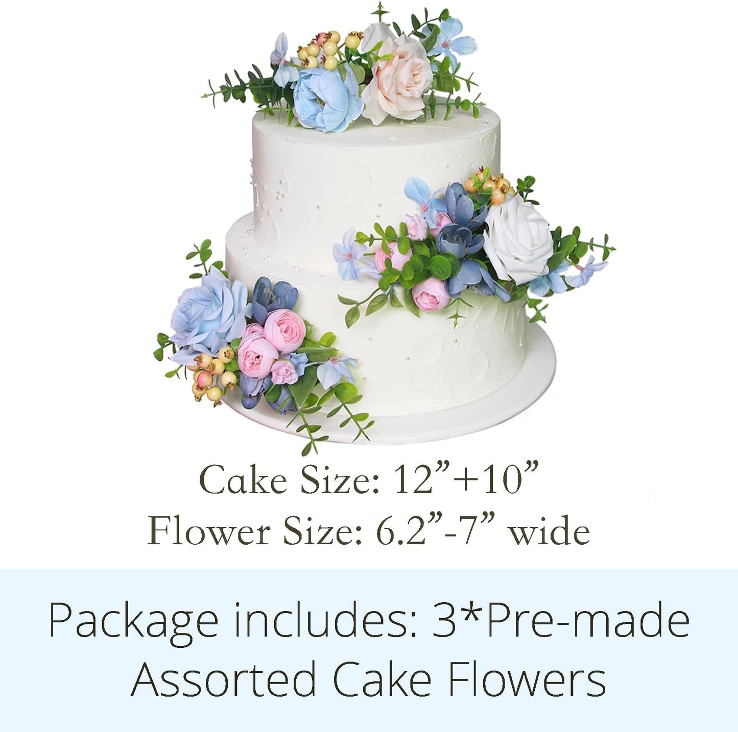 Rinlong 3Pcs Baby Blue Pink Cake Topper Pre-made Cake Decorations Pastel Blush Wedding Cake Decorating Flowers Cake Decor for Baptism Girl Women Birthday Party