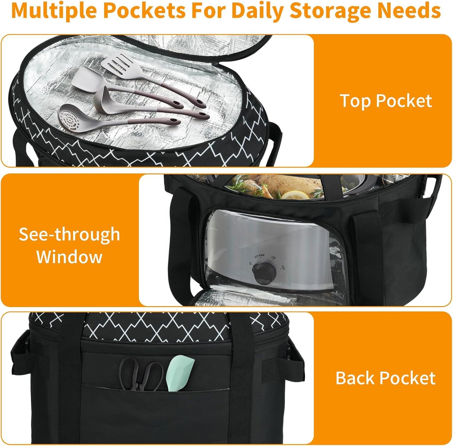 Slow Cooker Carrying Bag Compatible with 6-8 Quart CrockPot and Hamlton Beach,Double-Layer Insulated Carrier Case with Lid Fastener and See-through Window,Bag Only