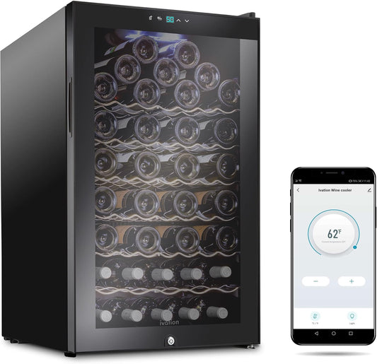 Ivation 51 Bottle Compressor Wine Cooler Refrigerator with Wi-Fi Smart App Control Cooling System | Large Freestanding Wine Cellar Fridge For Red White Champagne or Sparkling, Black Glass Door & Lock