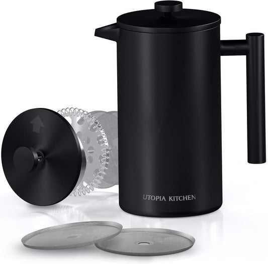 Utopia Kitchen Stainless Steel French Press Coffee Maker 34 Oz (1 Litre) with 2 Extra Filters, French Press Coffee & Tea Maker for Kitchen & Camping, Cold Brew Cafetiere, Black