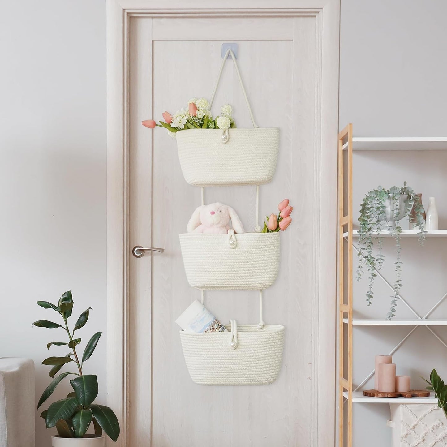 TeoKJ 3-Tier Hanging Baskets for Storage with Pearl Button Strap, Over The Door Storage Baskets for Bathroom, Bedroom, Closet, Door Storage Organizer for Decoration, White