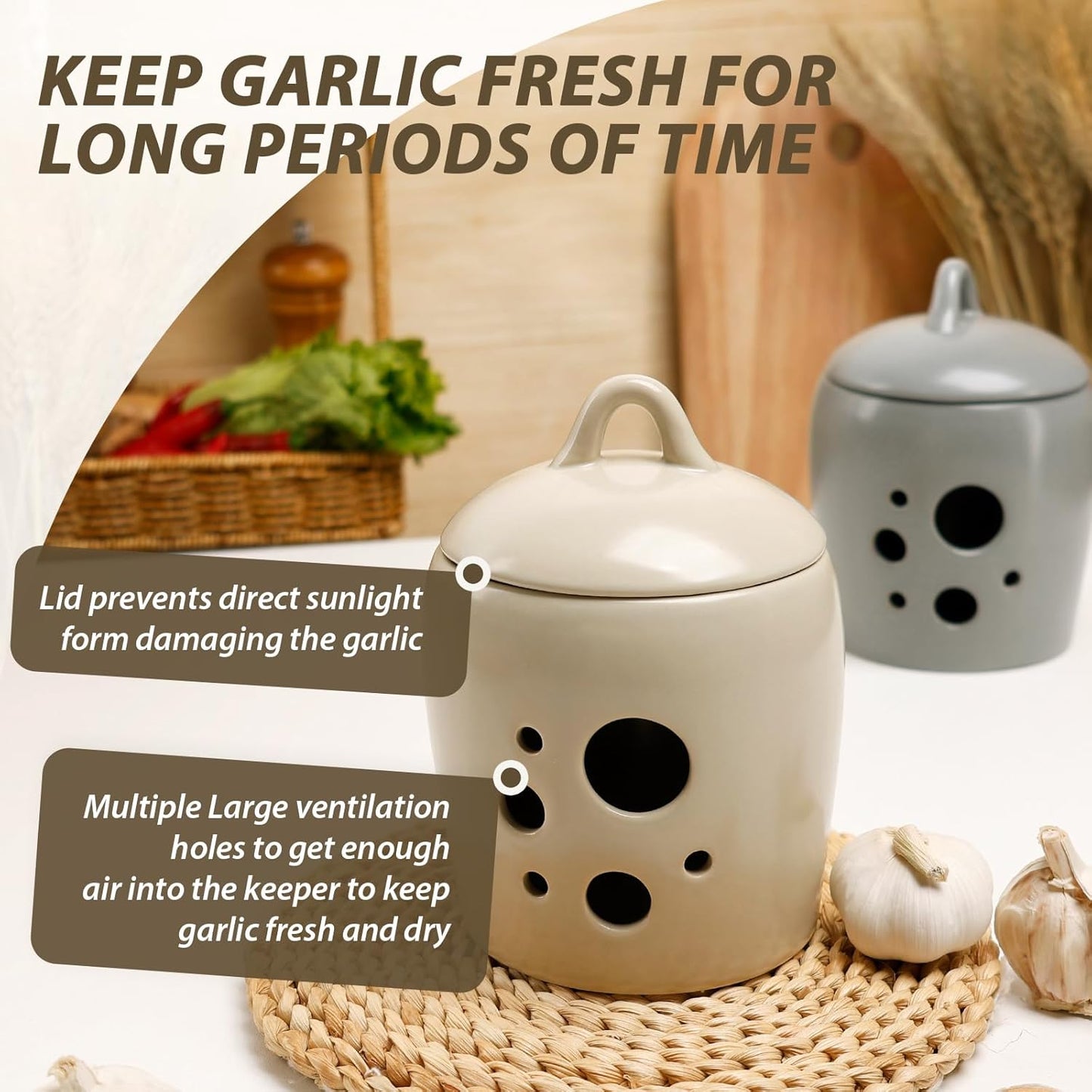 BosilunLife Ceramic Garlic Keeper - Garlic Storage Container with Lid Grey Garlic Jar for Kitchen Garlic Holder Countertop to Keep Your Garlic Cloves Fresh Longer