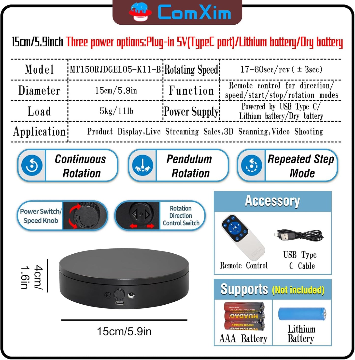 Motorized Rotating Display Stand with Remote, 5.91in 360 Electric Turntable for Display,Photography,3D Scanner Models, Motorized Lazy Susan and Photography Turntable Control Angle/Speed,Step/Swing/Continuous Rotation