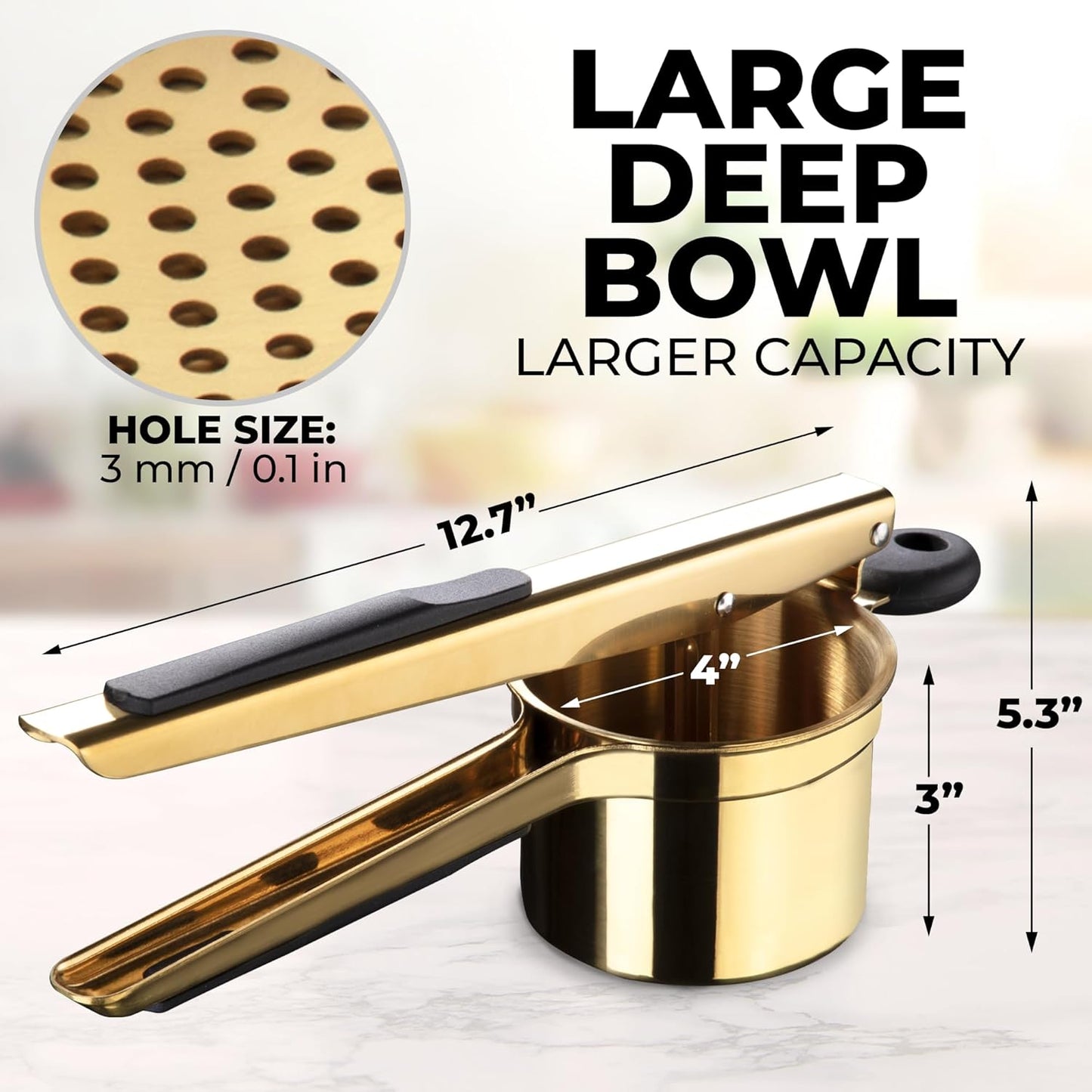 Zulay Kitchen Large 15oz Potato Ricer, Heavy Duty Stainless Steel Potato Masher and Ricer for Mashed Potatoes, Mashed Potato Masher & Potato Press Gadget for Perfect Mashed Potatoes - Gold/Black